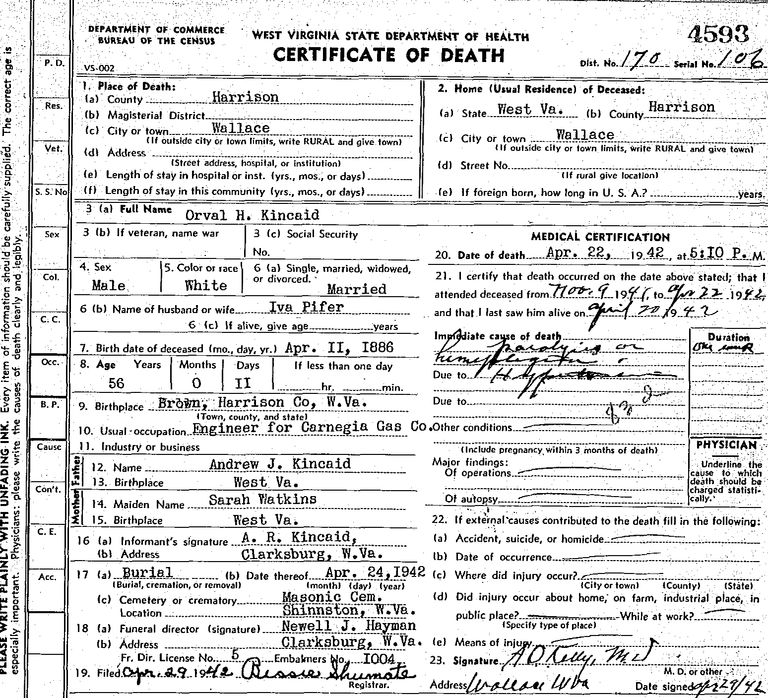 OrvalHKincaidDeathCert